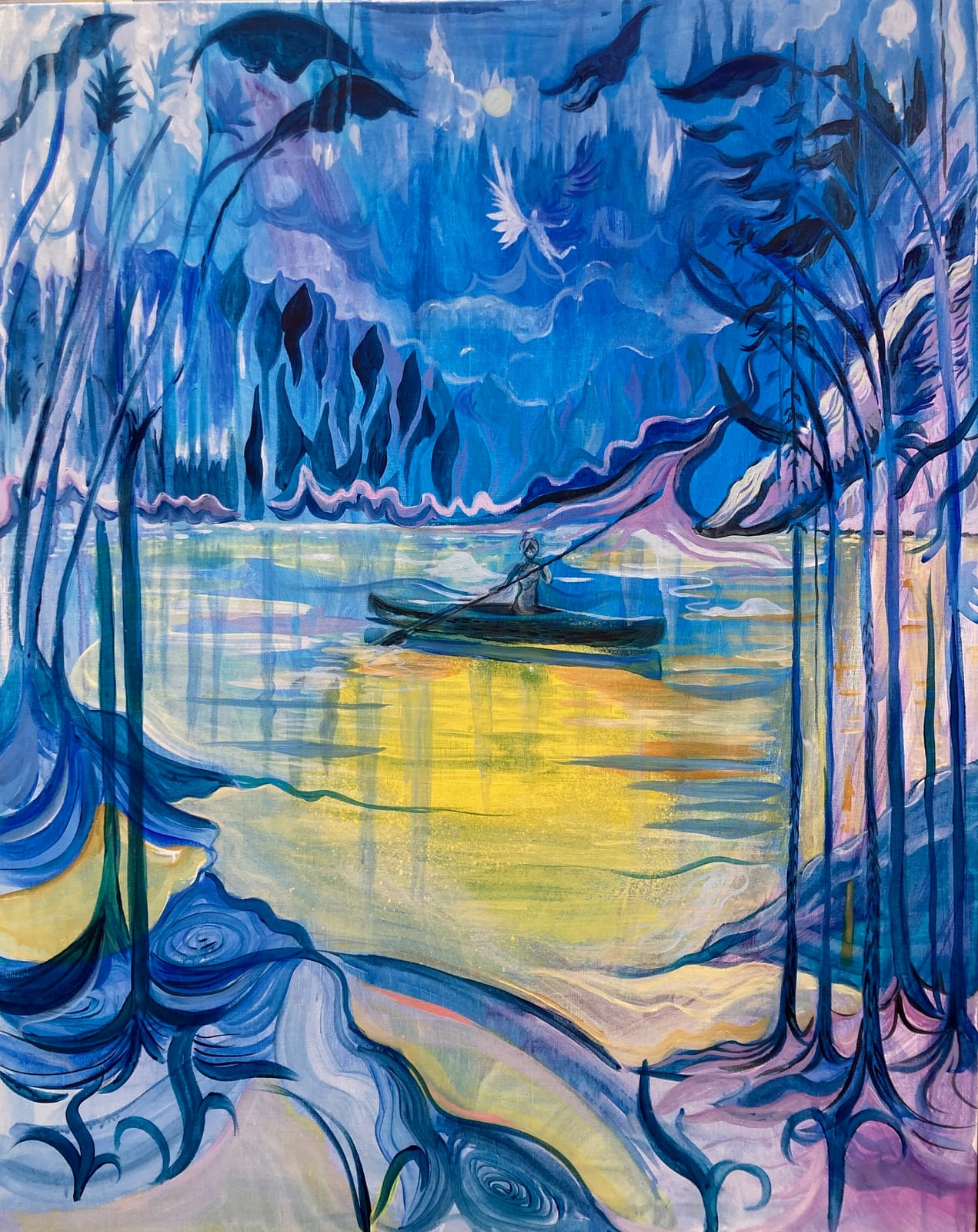 And here I arrived, canopied by blue flames, 76cm h x 61cm w, oil on canvas. — painting by Chloe S Moncrieff